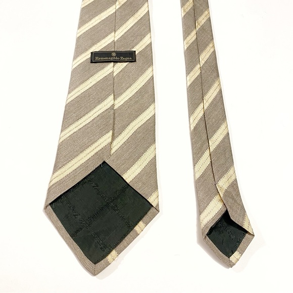 ERMENEGILDO ZEGNA CREAM TAN BROWN  DIAGONAL STRIPE LINES PRINT SILK NECK TIE - Picture 3 of 7